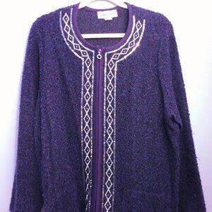 Vintage Cardigan Sweater Embroidered Sequins Zip Up Size 1X Purple Cathy Daniels